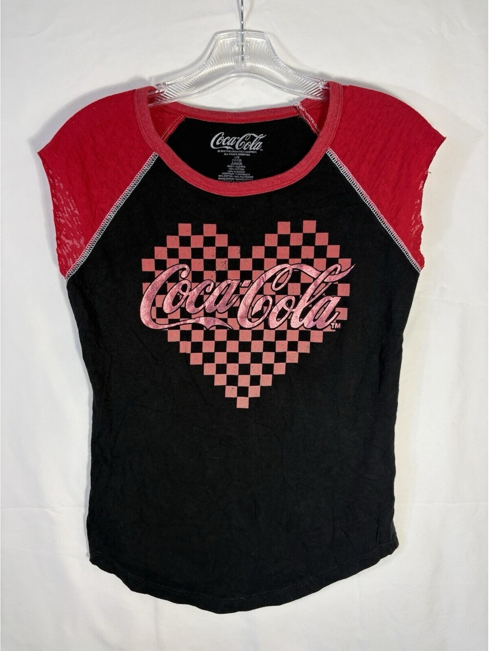 Coca Cola Checkered Heart Raglan Tee Juniors L 11/13 Black Pink Graphic Shirt